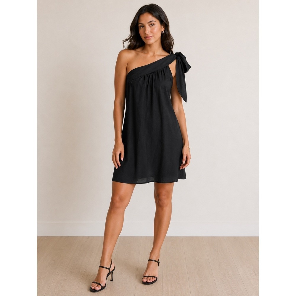 Cuyana One Shoulder Mini Dress Womens Medium Black Bow Detail Shift LBD